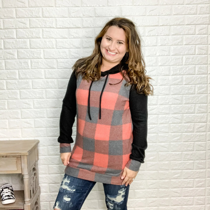 "Rosemary" Buffalo Plaid Hoodie (Solid Sleeve & Hood)