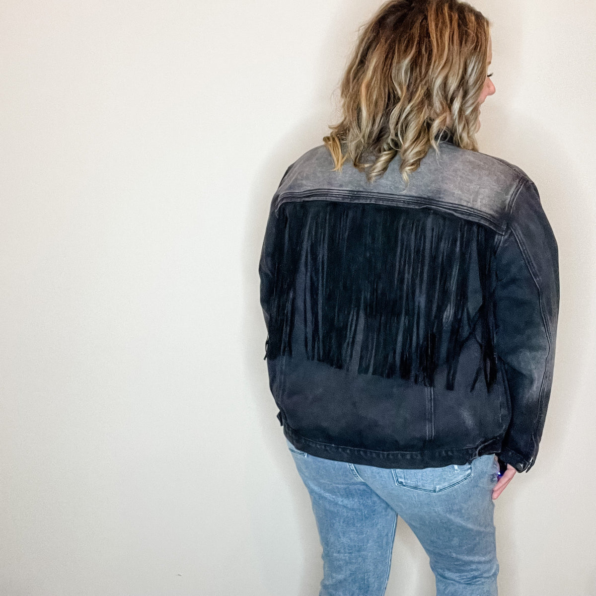 "Rough and Ready" Denim Jacket with Fringe Detail (Black)-Lola Monroe Boutique