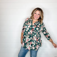 "Round About Way" Floral Lizzy 3/4 Sleeve Split Neck Babydoll-Lola Monroe Boutique
