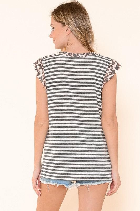 Ruffled Shoulder Stripe Tank with Animal Accent-Lola Monroe Boutique