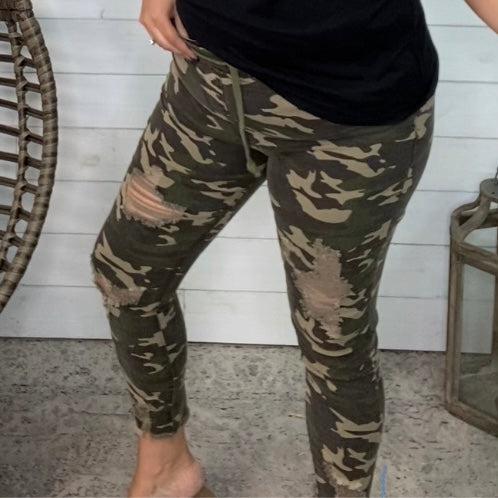 "Rugged" Green Camo Distressed Denim Joggers-Lola Monroe Boutique