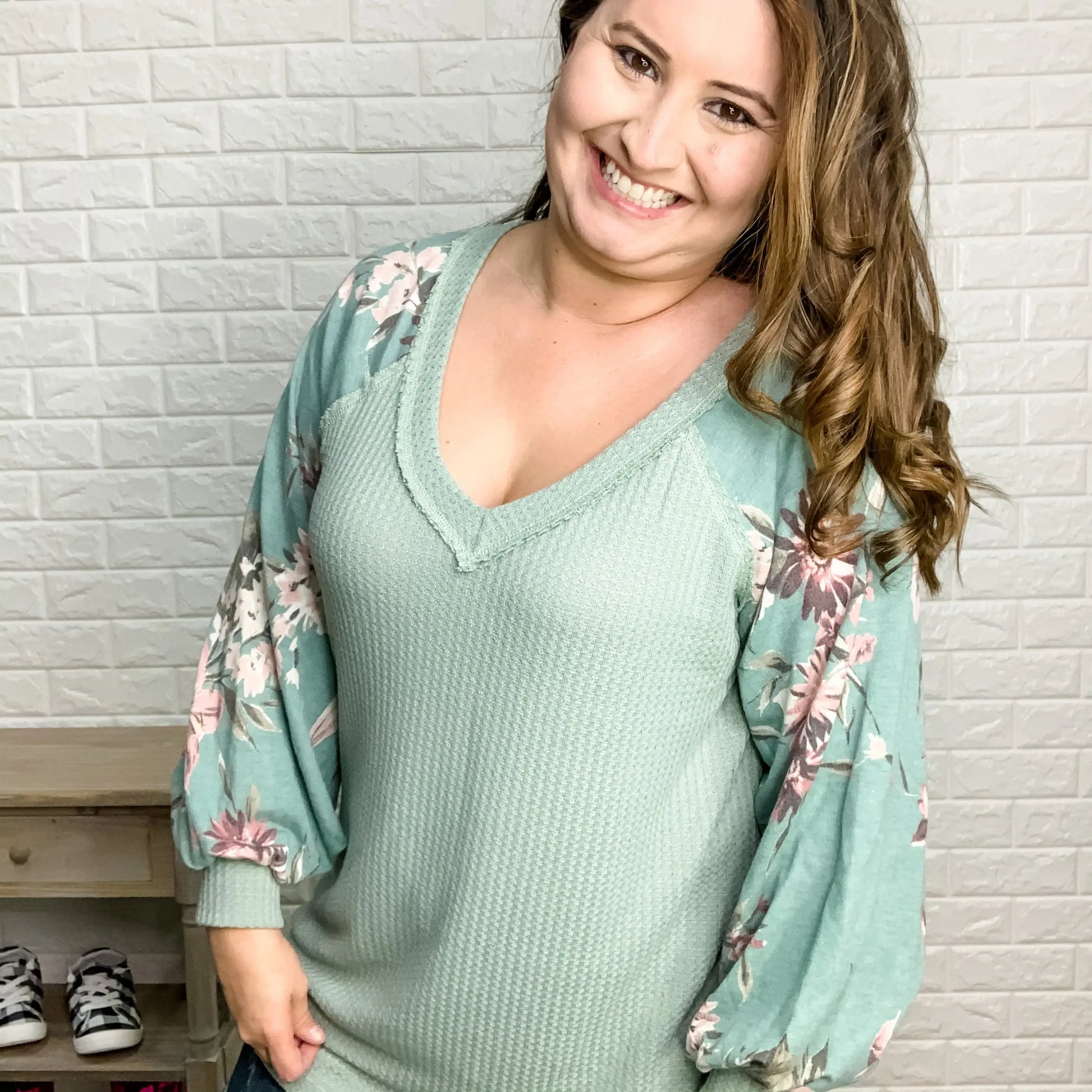 "Sage Advice" Waffle Body V Neck Long Floral Sleeve Top