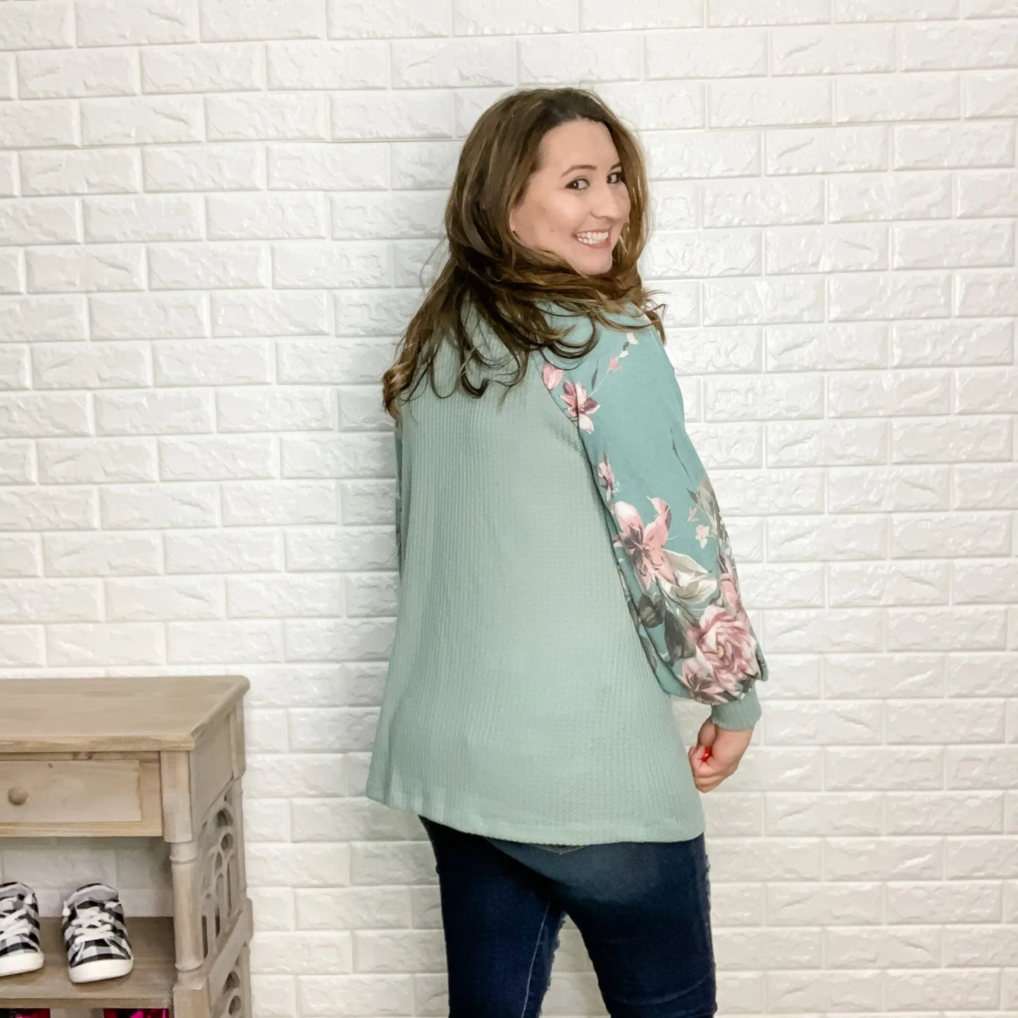 "Sage Advice" Waffle Body V Neck Long Floral Sleeve Top