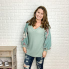 "Sage Advice" Waffle Body V Neck Long Floral Sleeve Top-Lola Monroe Boutique