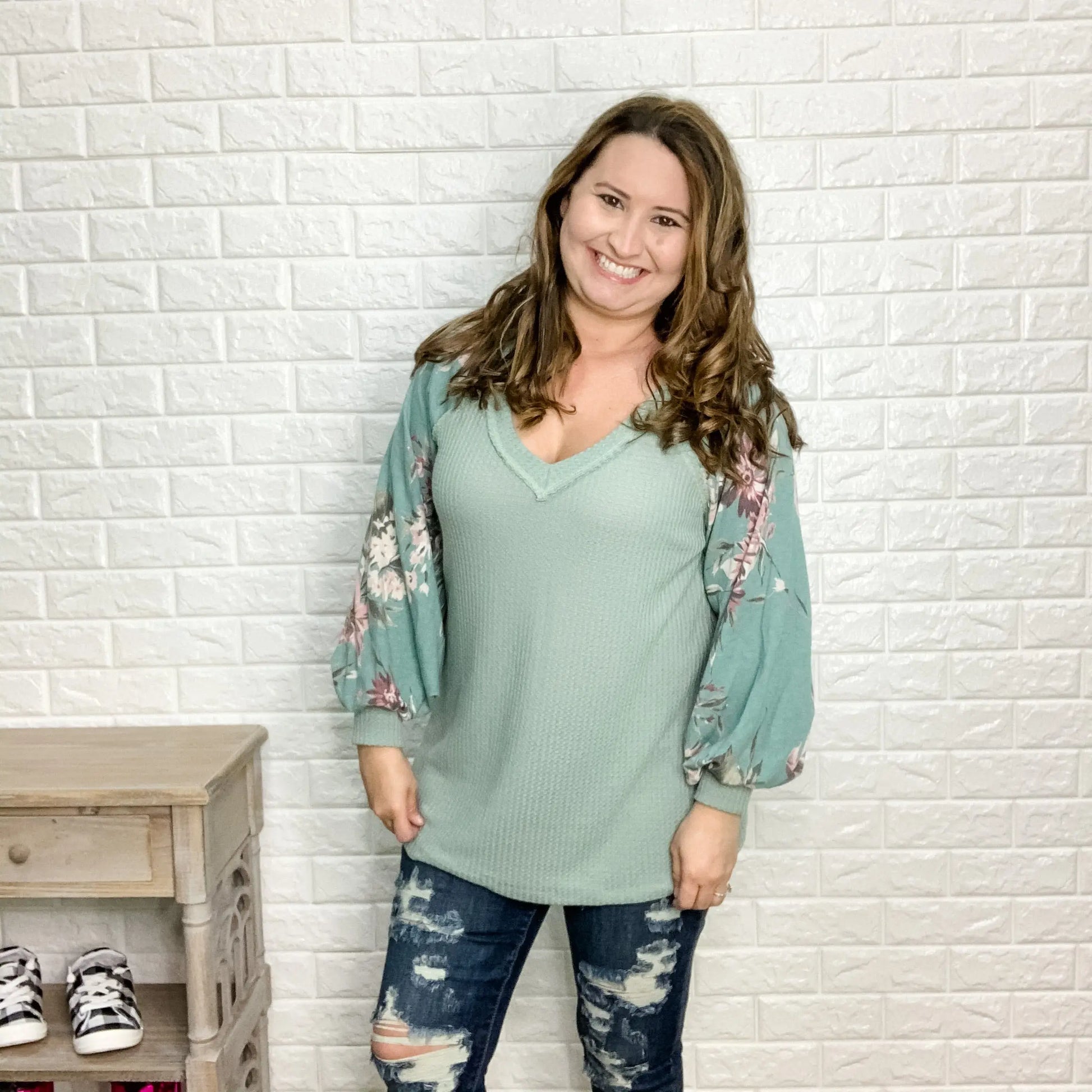 "Sage Advice" Waffle Body V Neck Long Floral Sleeve Top