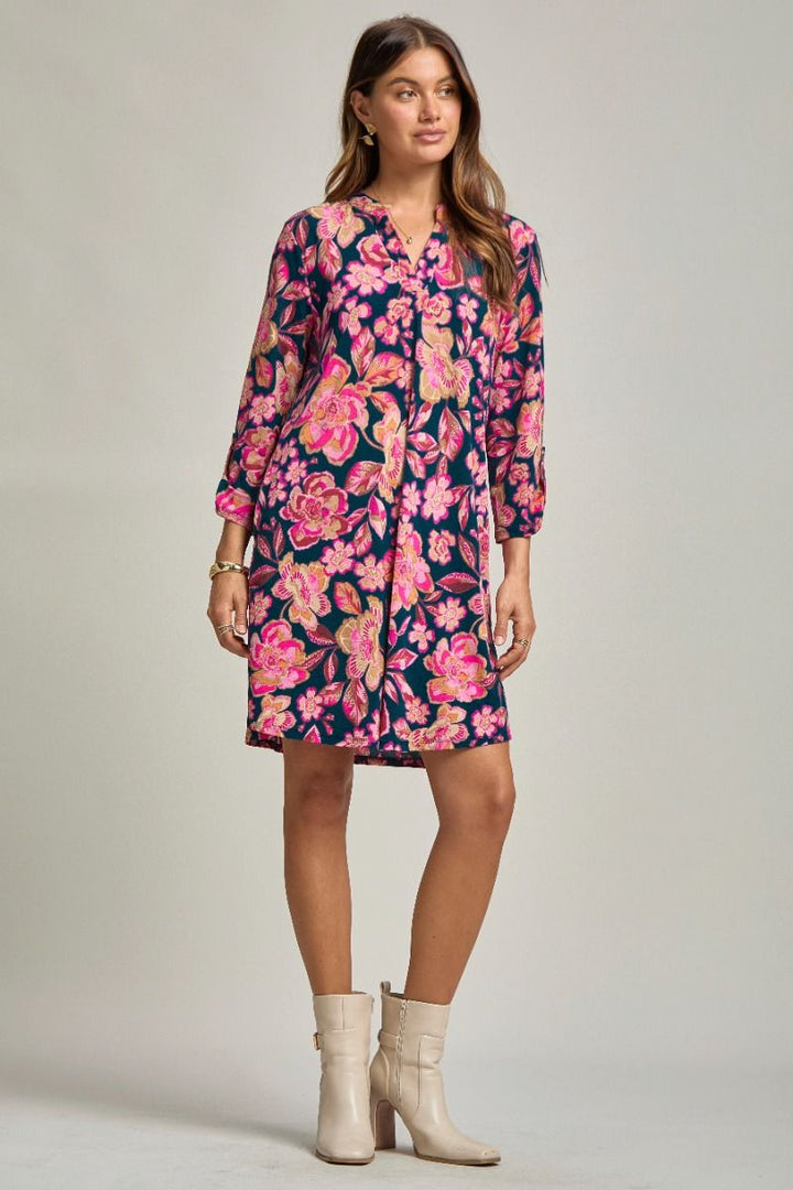 Dear Scarlett "Hydrogen" 3/4 Sleeve Split Neck Dress with Pockets