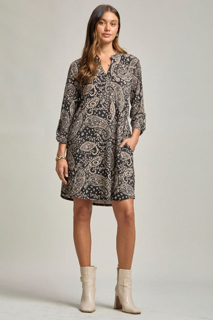 Dear Scarlett "Lithium" 3/4 Sleeve Split Neck Dress with Pockets
