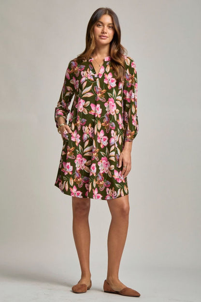 Dear Scarlett "Sodium" 3/4 Sleeve Split Neck Dress with Pockets