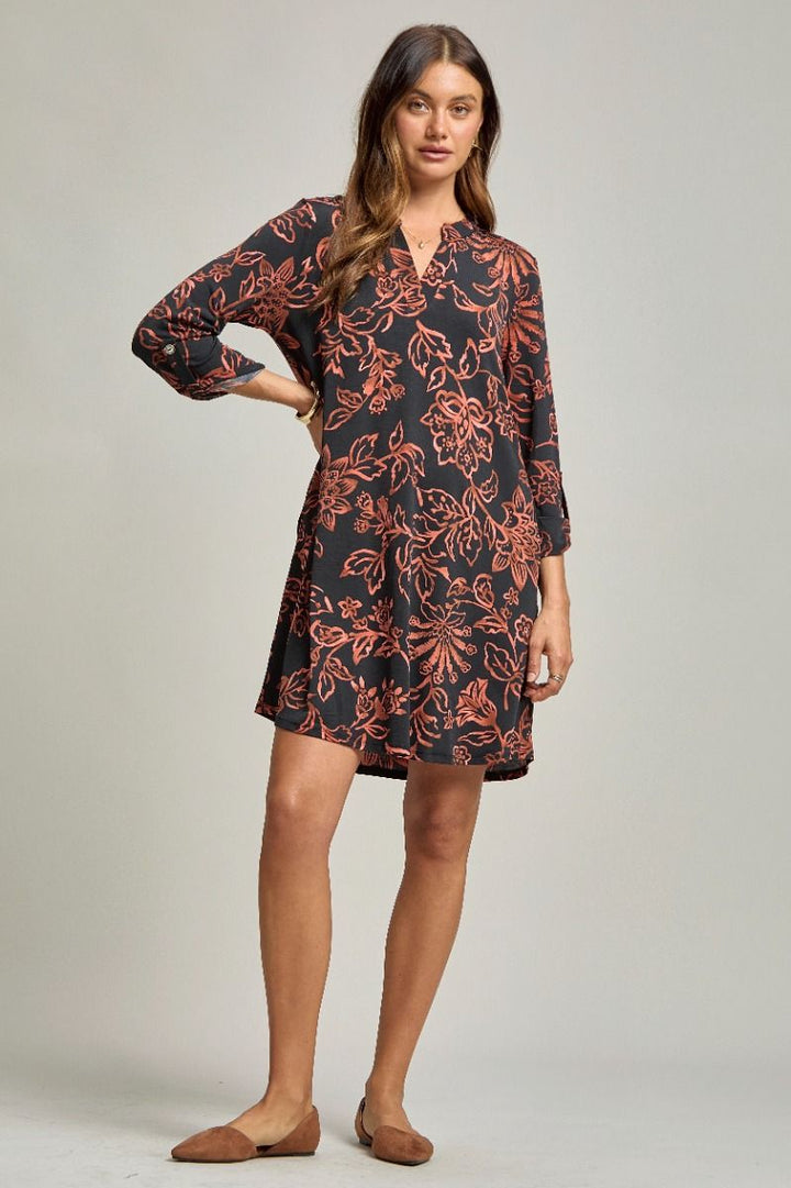 Dear Scarlett "Potasium" 3/4 Sleeve Split Neck Dress with Pockets