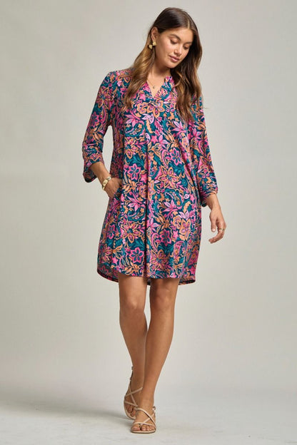 Dear Scarlett "Carbon" 3/4 Sleeve Split Neck Dress with Pockets
