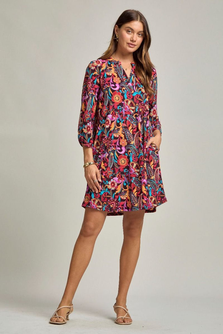 Dear Scarlett "Nitrogen" 3/4 Sleeve Split Neck Dress with Pockets