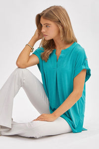 Dear Scarlett "Smarter Than You Think" Split Neck Cuffed Short Sleeve (Emerald)