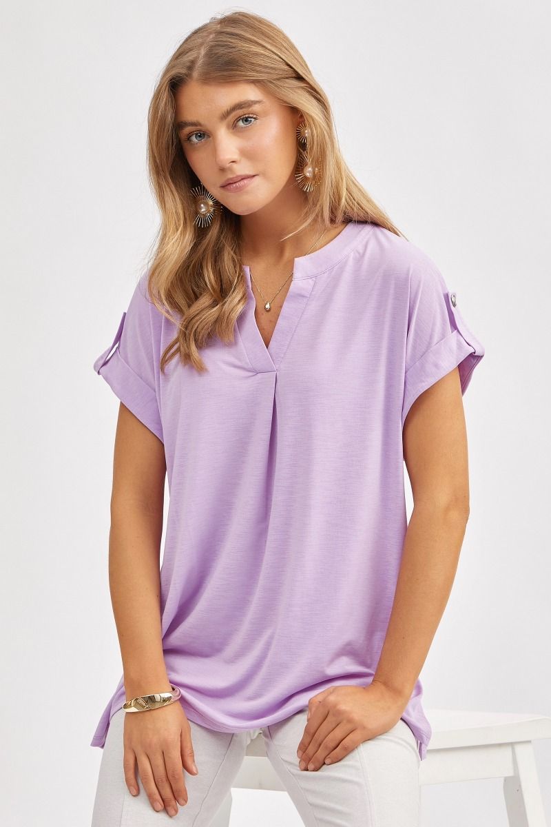 Dear Scarlett "Smarter Than You Think" Split Neck Cuffed Short Sleeve (Lilac)