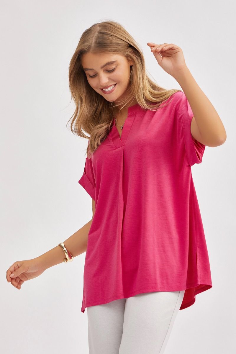 Dear Scarlett "Smarter Than You Think" Split Neck Cuffed Short Sleeve (Magenta)