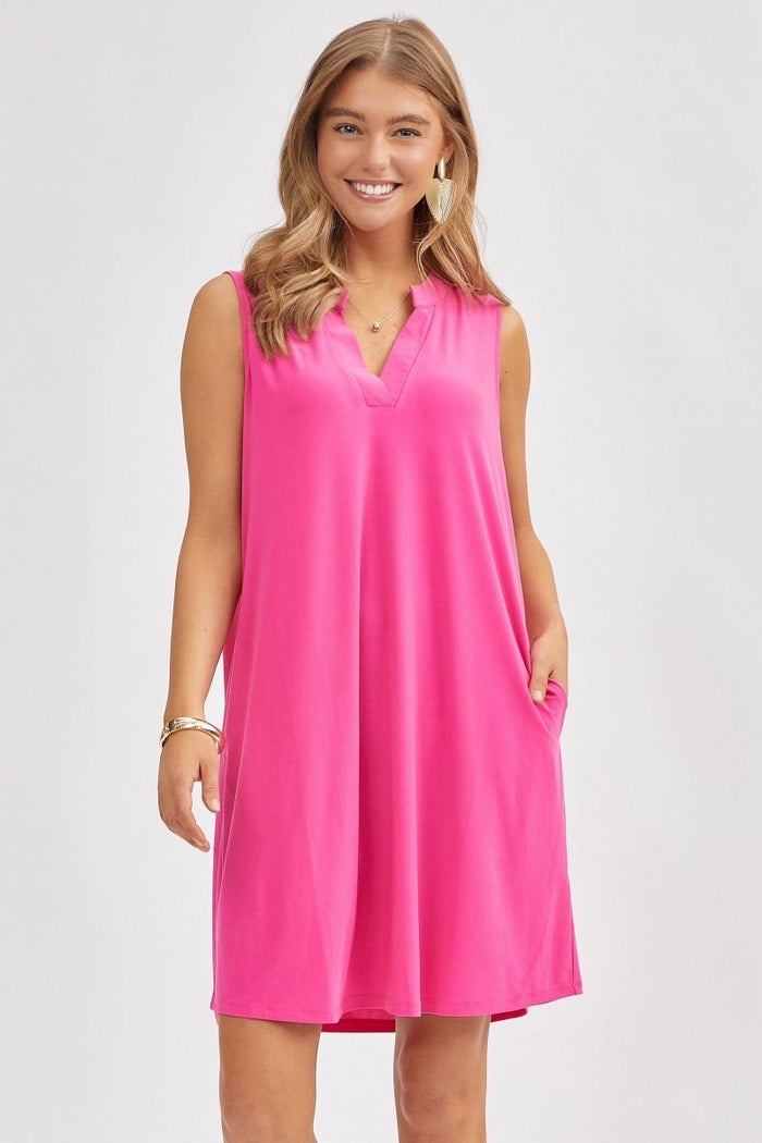 Dear Scarlett "Up My Alley" Sleeveless Split Neck Dress with Pockets (Hot Pink)