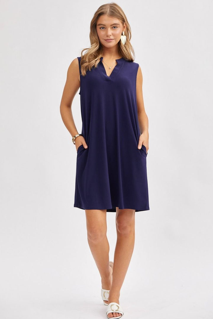 "Up My Alley" Sleeveless Split Neck Dress with Pockets (Navy)