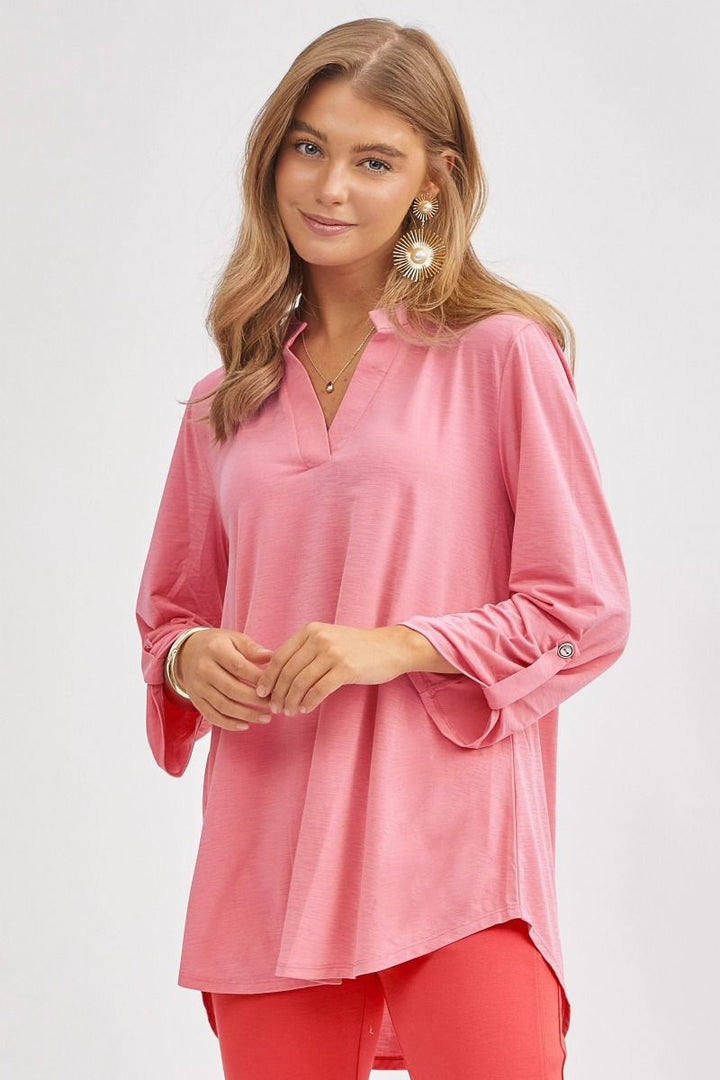 "What Can You Say" 3/4 Sleeve Split Neck (Pink)