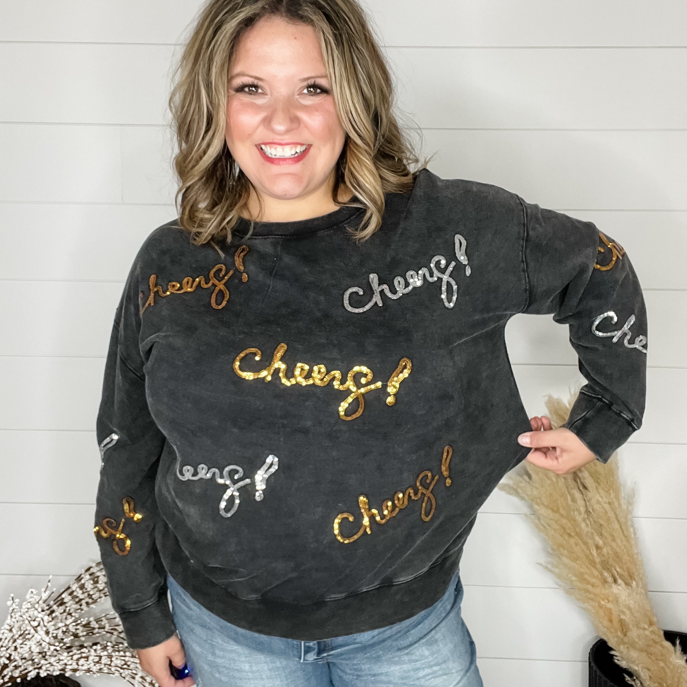 Sequin Cheers Long Sleeve (Black)-Lola Monroe Boutique