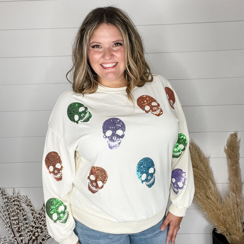 Sequin Skull Crewneck Long Sleeve