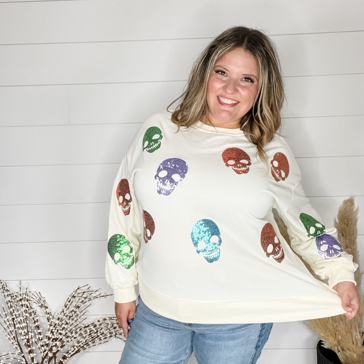 Sequin Skull Crewneck Long Sleeve