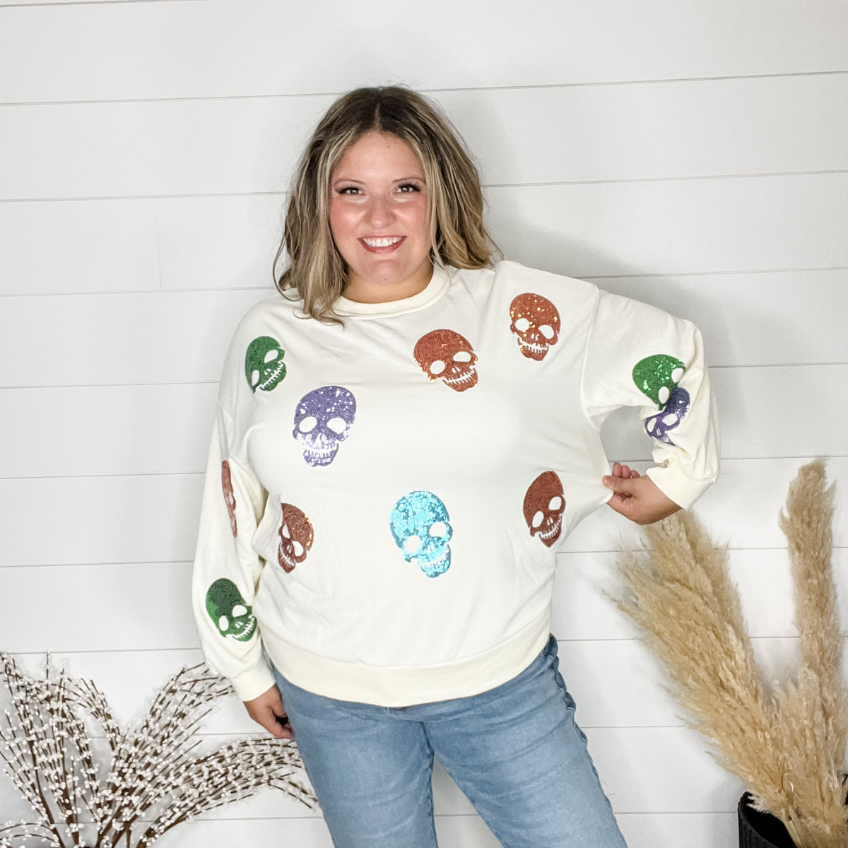 Sequin Skull Crewneck Long Sleeve