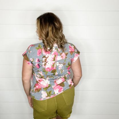 "Shelton" Floral Split Neck Cuffed Short Sleeve