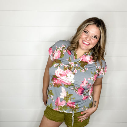 "Shelton" Floral Split Neck Cuffed Short Sleeve