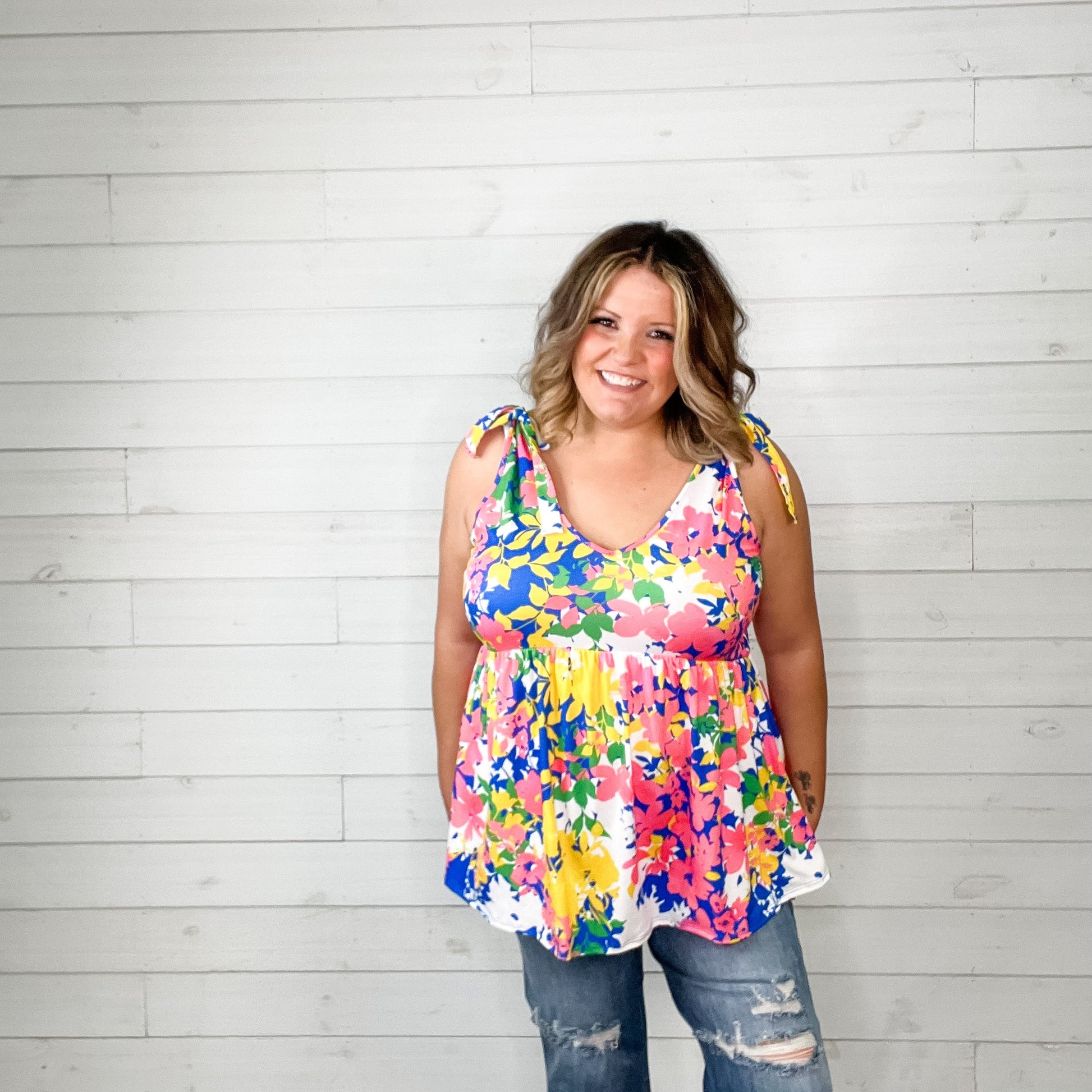 "She's Got It" Floral V Neck Tank Babydoll