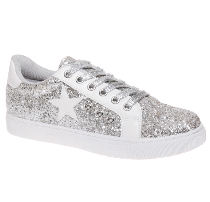 Silver & White Star Sparkle Lace Up Low Top Tennis Shoe-Lola Monroe Boutique
