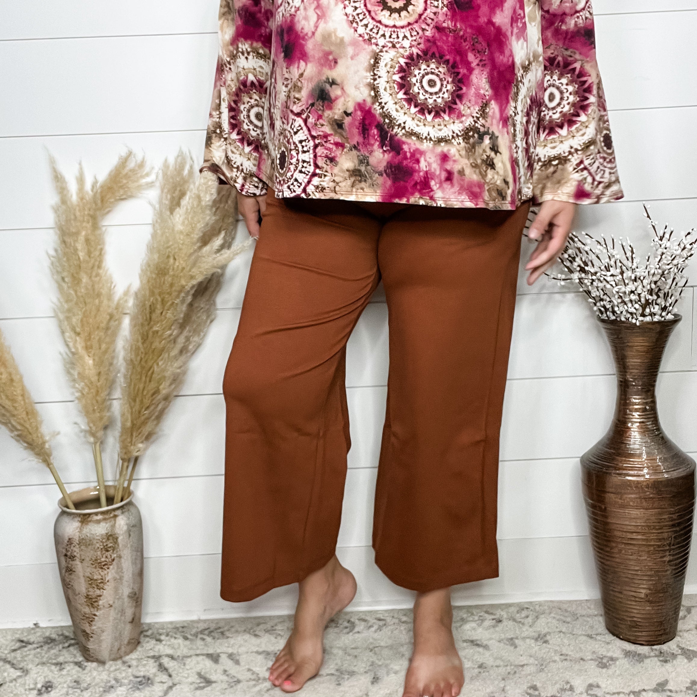 "Slight of Hand" Pull On Wide Leg Crop Trousers (Rust)-Lola Monroe Boutique