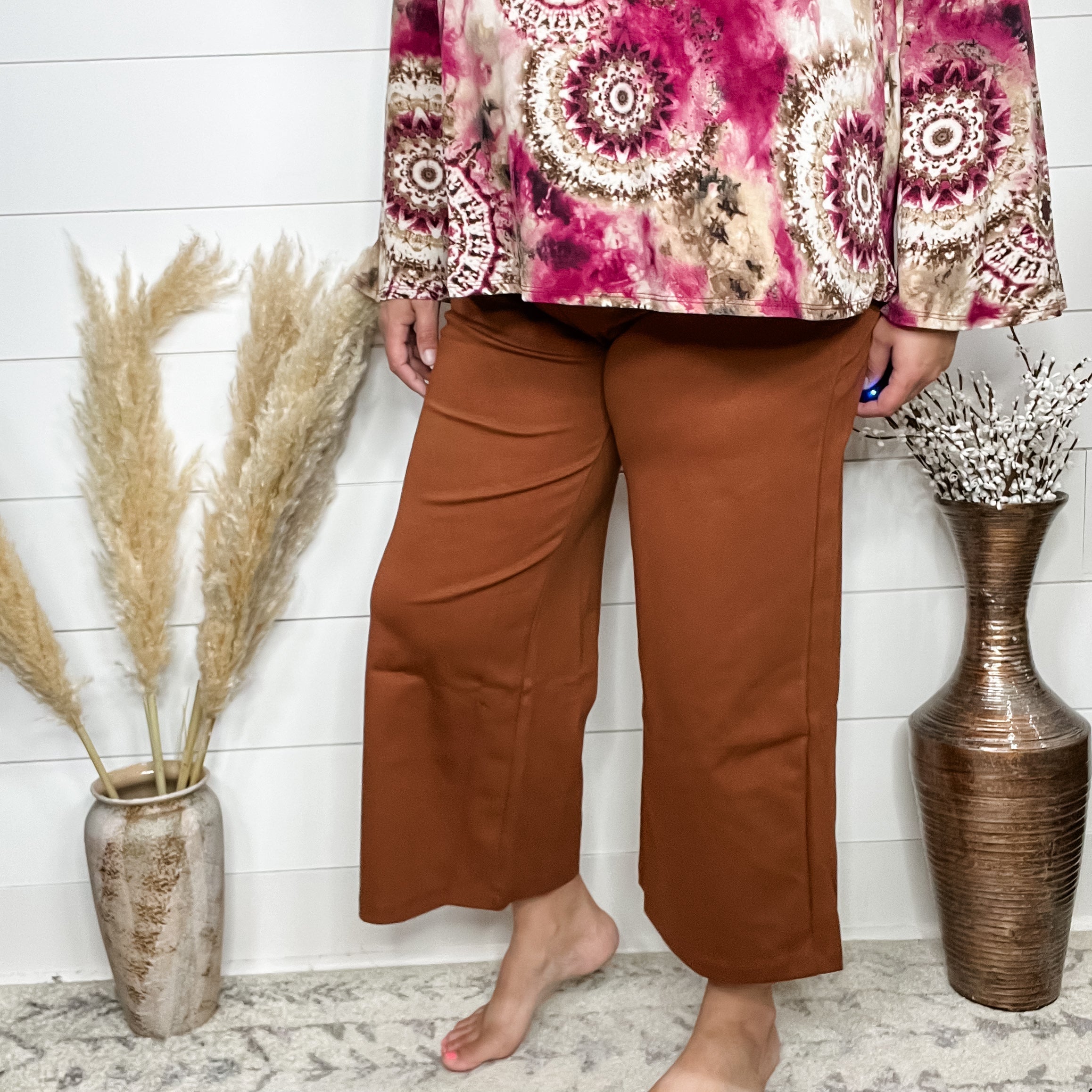 "Slight of Hand" Pull On Wide Leg Crop Trousers (Rust)-Lola Monroe Boutique