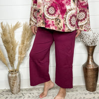 "Slight of Hand" Pull On Wide Leg Crop Trousers (Wine)-Lola Monroe Boutique