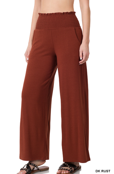 Smocked Waistband Lounge Pants (Olive and Rust)-Lola Monroe Boutique