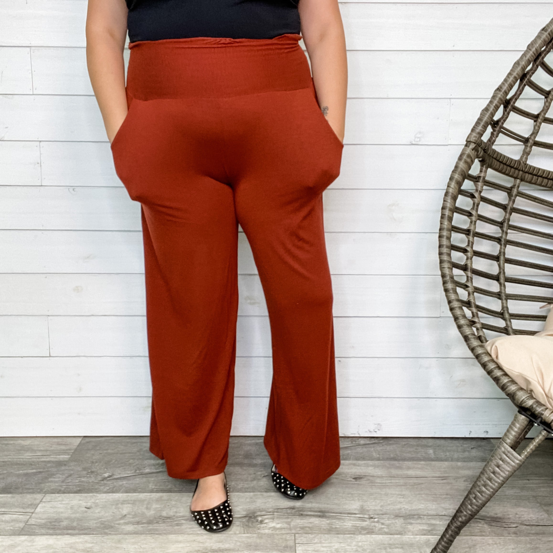 Smocked Waistband Lounge Pants (Olive and Rust)-Lola Monroe Boutique