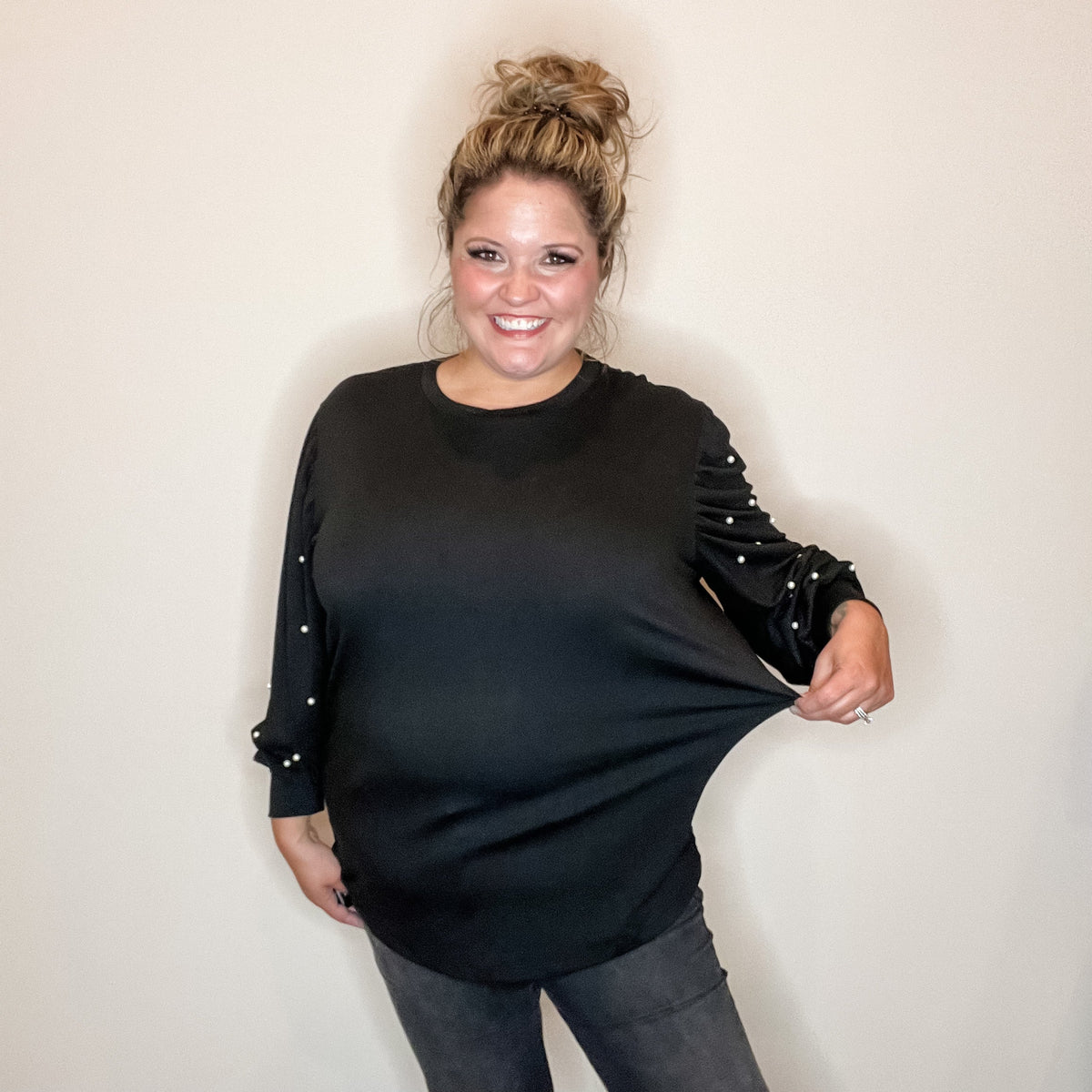 "Snazzy" Long Balloon Sleeve with Pearl Accents (Black)-Lola Monroe Boutique