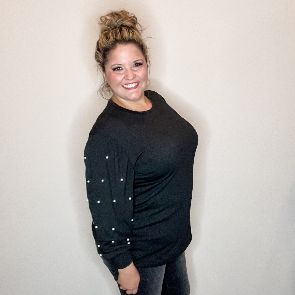 "Snazzy" Long Balloon Sleeve with Pearl Accents (Black)-Lola Monroe Boutique
