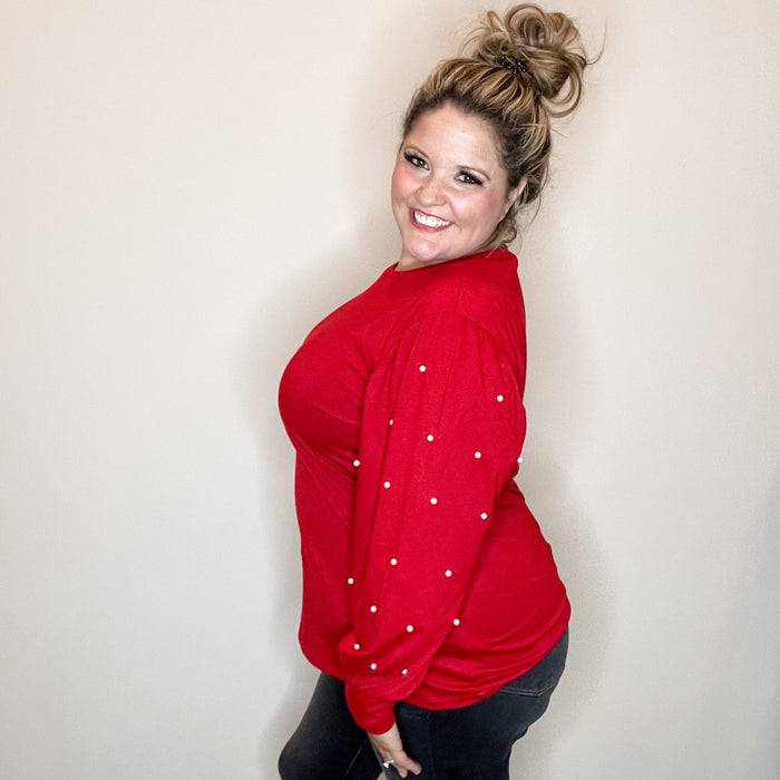 "Snazzy" Long Balloon Sleeve with Pearl Accents (Maroon)-Lola Monroe Boutique