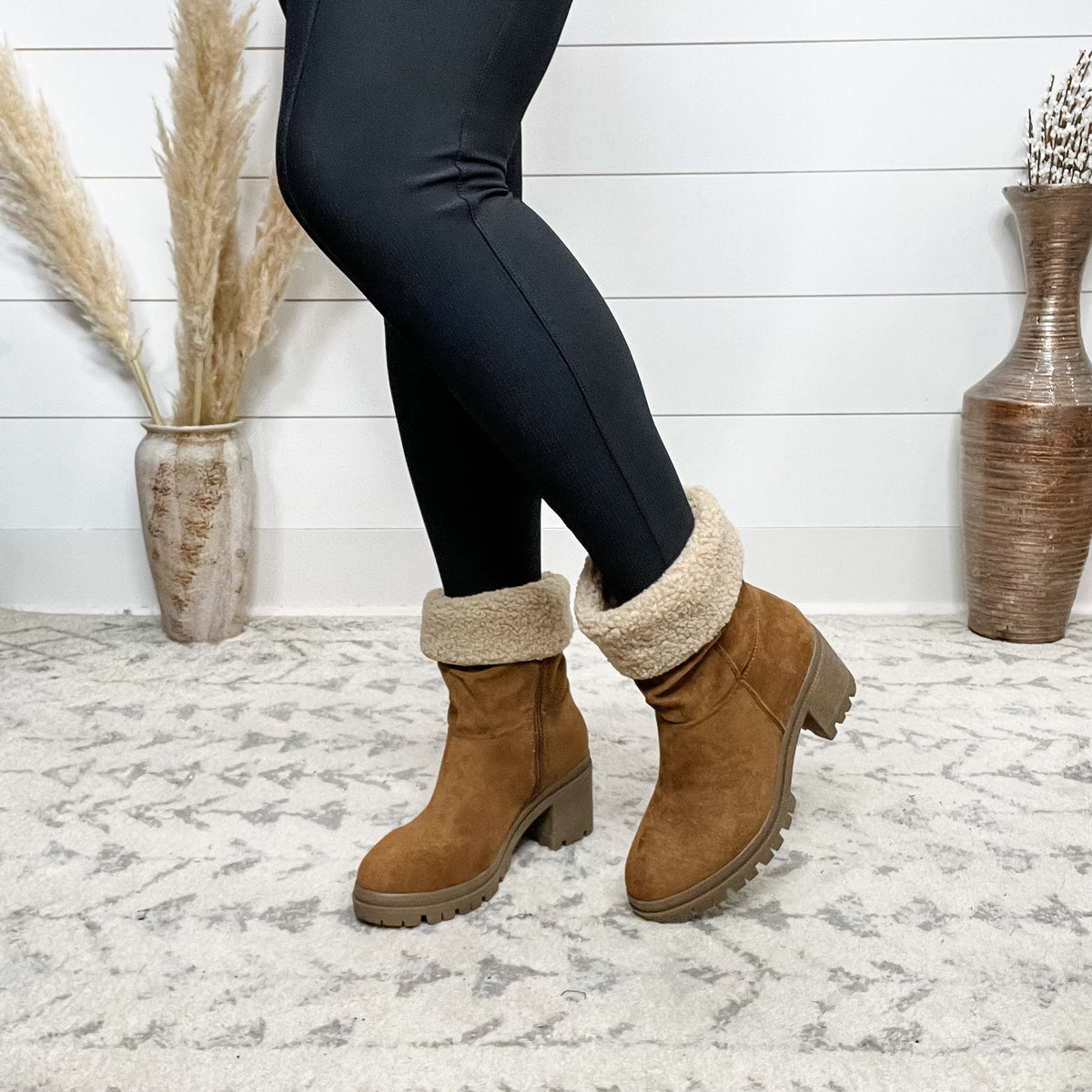 "Snuggy" Faux Suede with Sherpa Cuff Side Zip Boots (Tan)