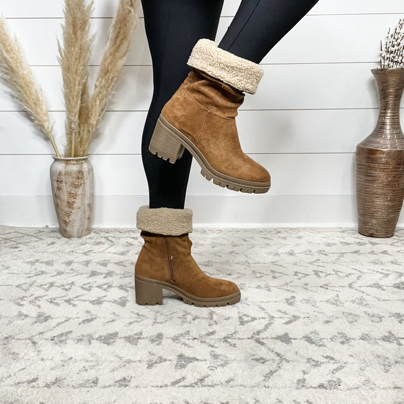 "Snuggy" Faux Suede with Sherpa Cuff Side Zip Boots (Tan)