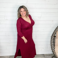 Solid 3/4 Sleeve Wrap Dress with Pockets (Burgundy)-Lola Monroe Boutique