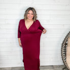 Solid 3/4 Sleeve Wrap Dress with Pockets (Burgundy)-Lola Monroe Boutique