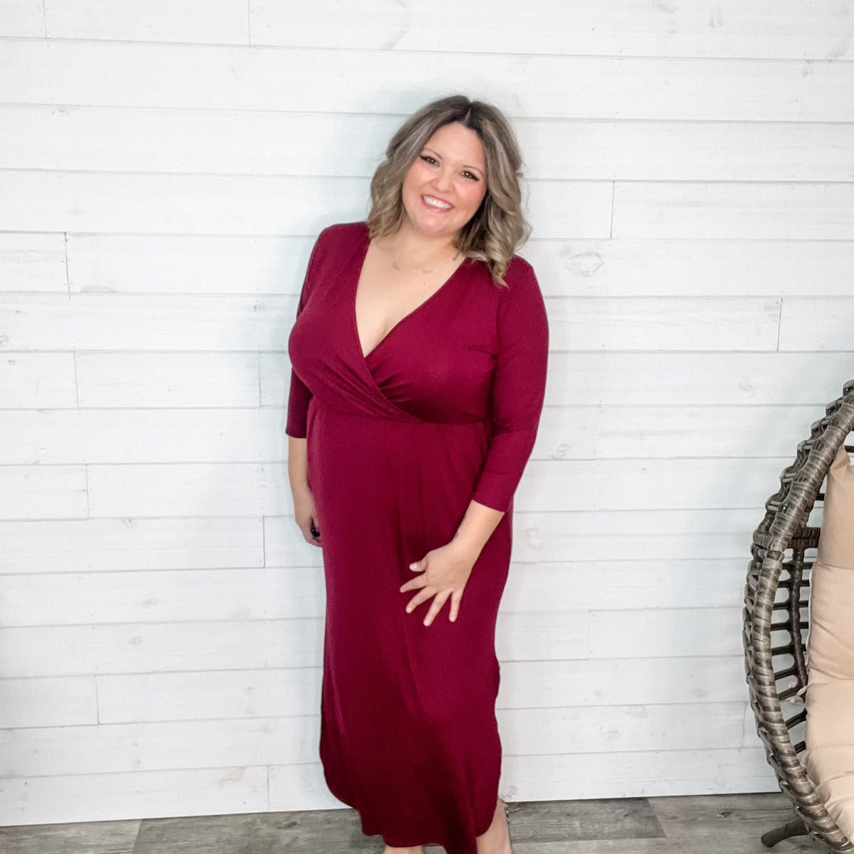 Solid 3/4 Sleeve Wrap Dress with Pockets (Burgundy)-Lola Monroe Boutique