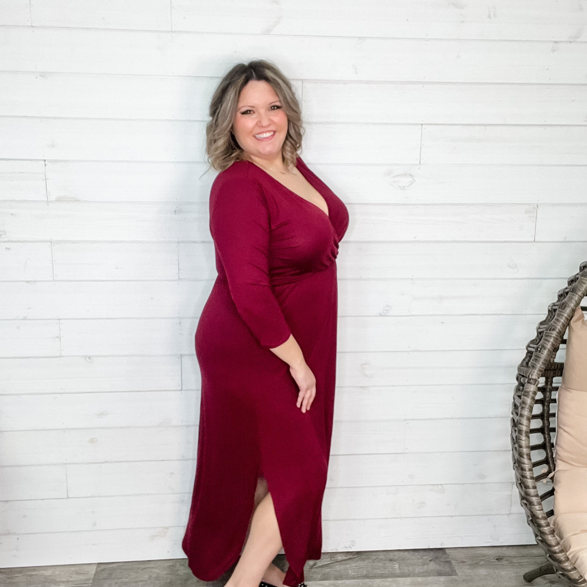 Solid 3/4 Sleeve Wrap Dress with Pockets (Burgundy)-Lola Monroe Boutique