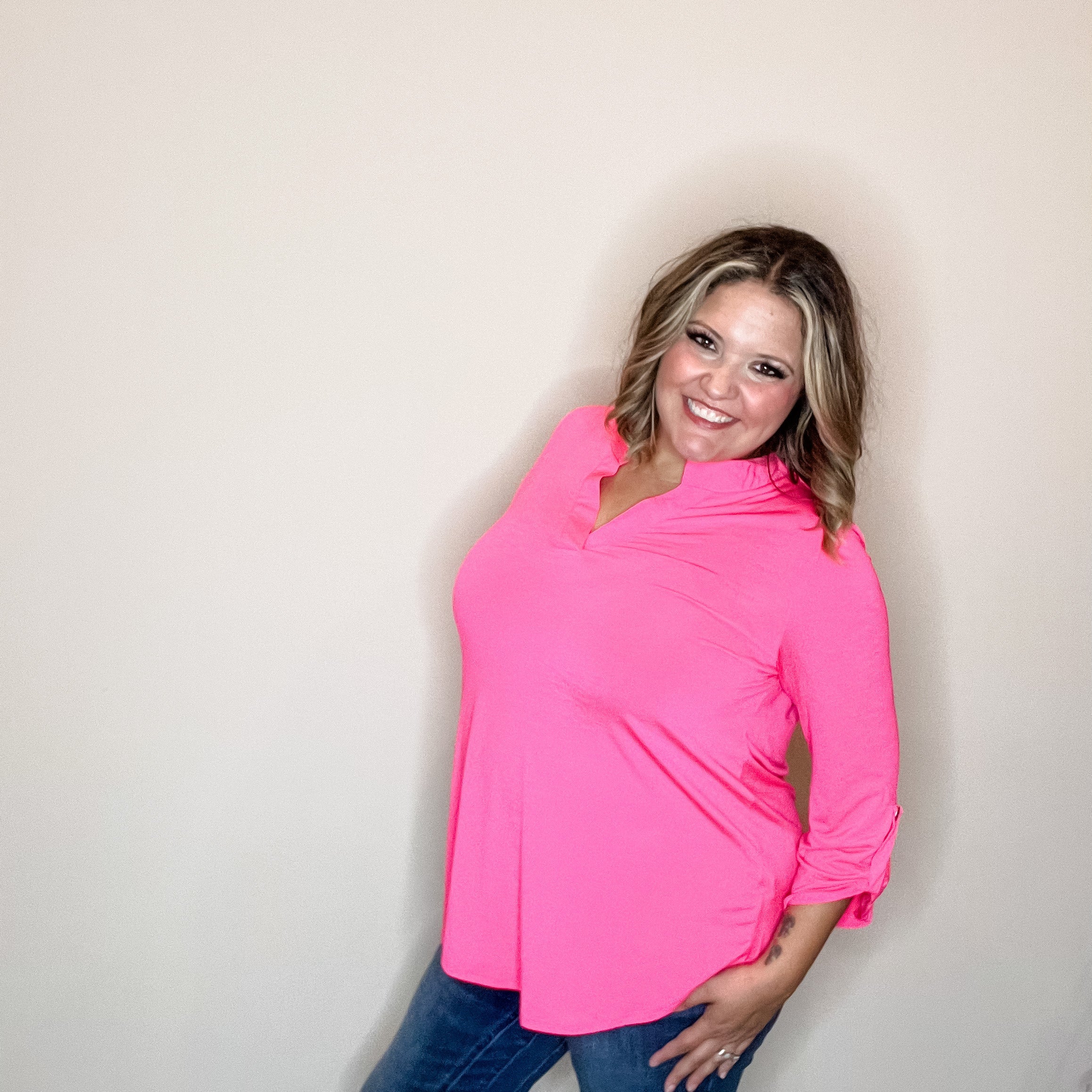 "Solid Ground" Lizzy 3/4 Sleeve Split Neck (Hot Pink)-Lola Monroe Boutique