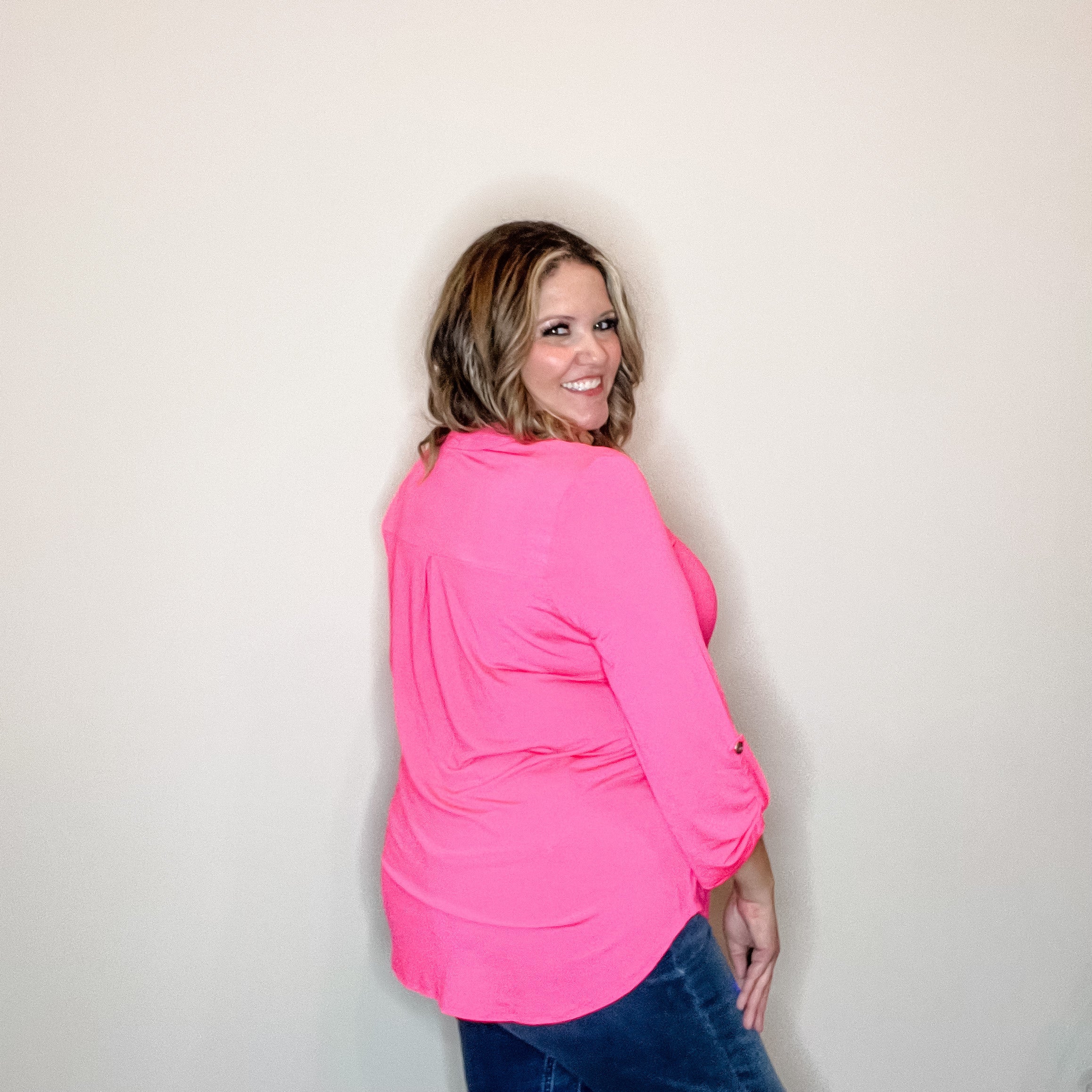 "Solid Ground" Lizzy 3/4 Sleeve Split Neck (Hot Pink)-Lola Monroe Boutique