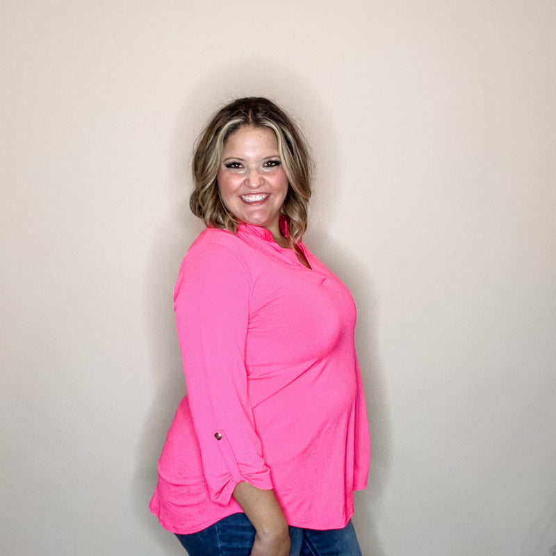 "Solid Ground" Lizzy 3/4 Sleeve Split Neck (Hot Pink)-Lola Monroe Boutique