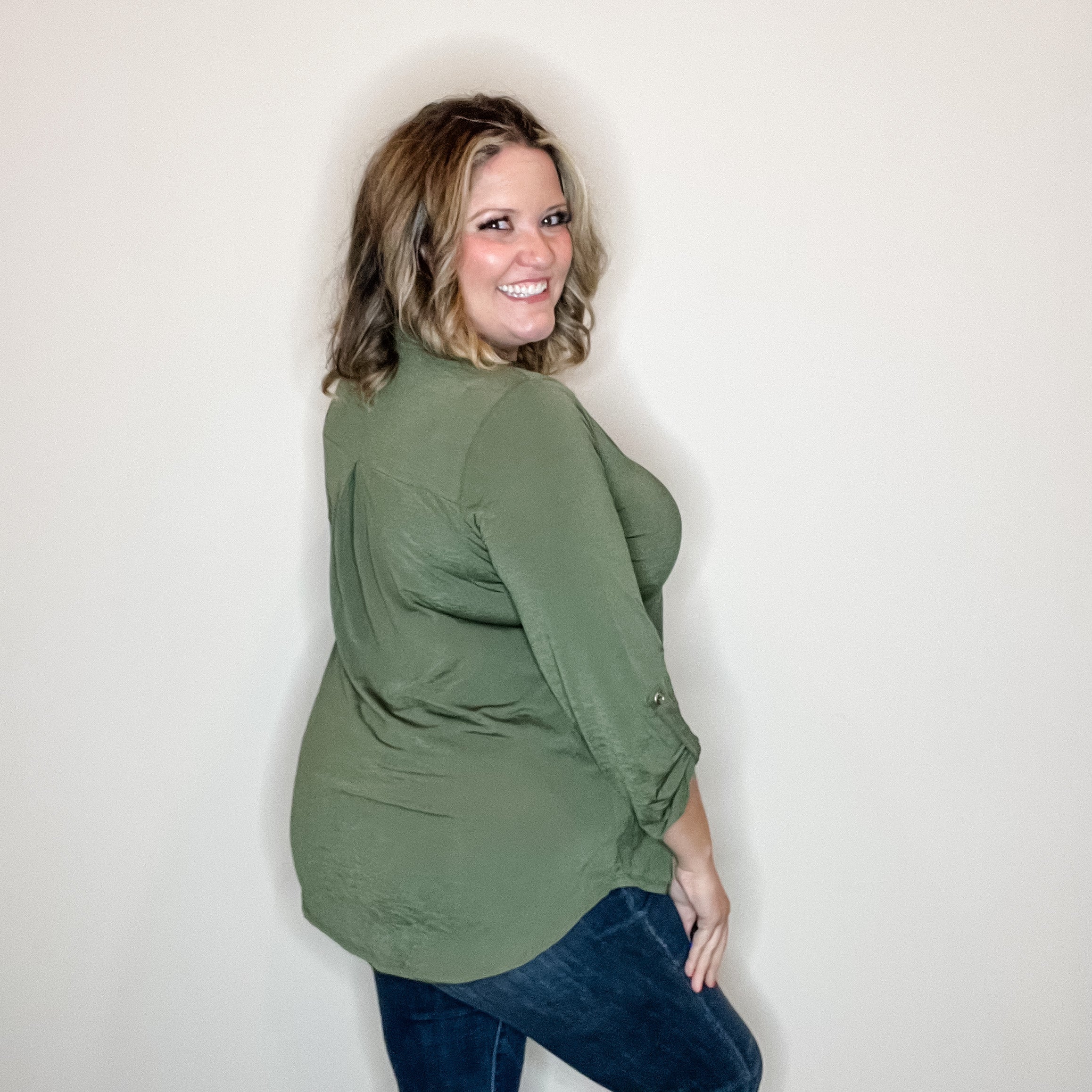 "Solid Ground" Lizzy 3/4 Sleeve Split Neck (Olive)-Lola Monroe Boutique