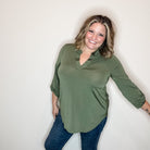 "Solid Ground" Lizzy 3/4 Sleeve Split Neck (Olive)-Lola Monroe Boutique