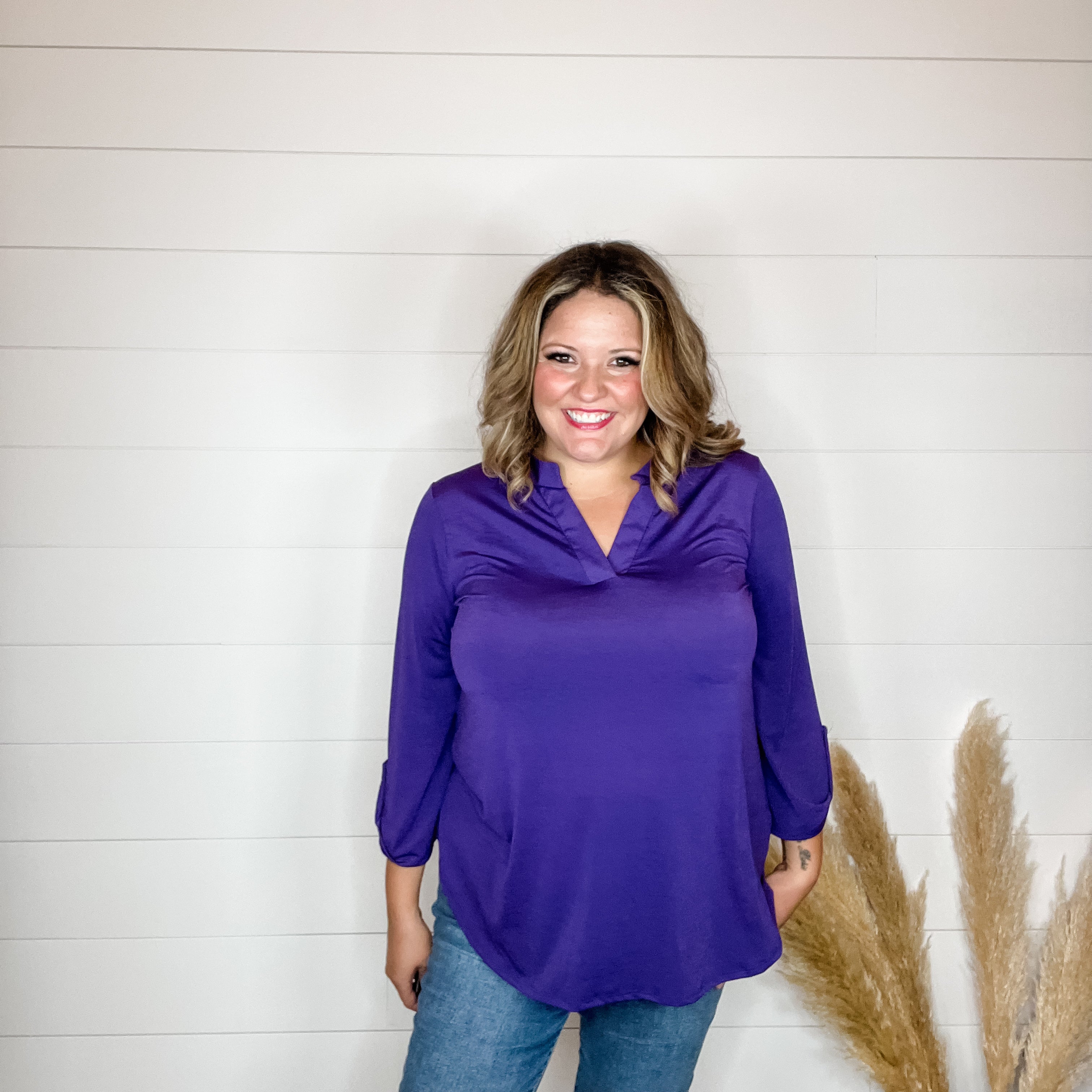 "Solid Ground" Lizzy 3/4 Sleeve Split Neck (Purple)-Lola Monroe Boutique