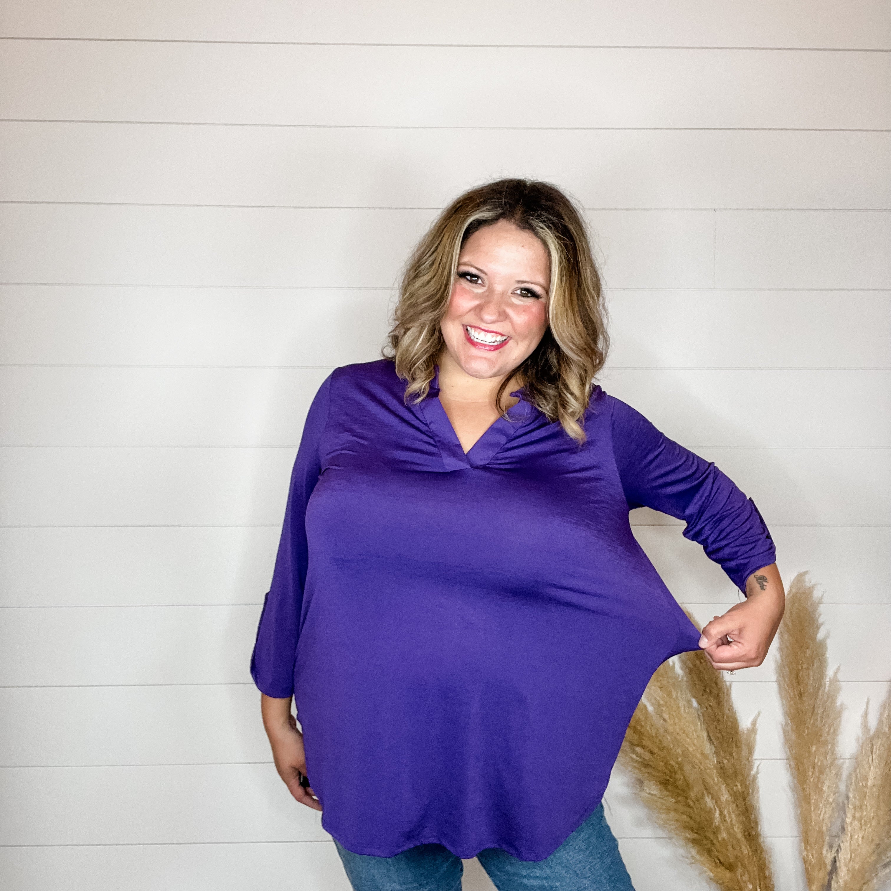 "Solid Ground" Lizzy 3/4 Sleeve Split Neck (Purple)-Lola Monroe Boutique